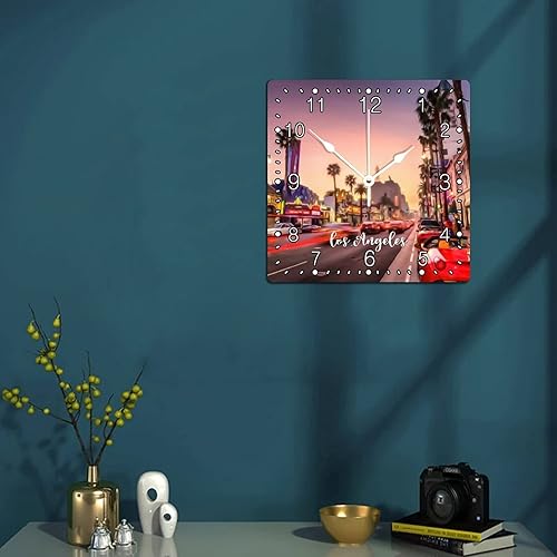 Miniatura 4 de Reloj decorativo de madera de pared de 12 x 12 pulgadas reloj cuadrado con números arábigos funciona con pilas silencioso sin tictac paisaje urbano