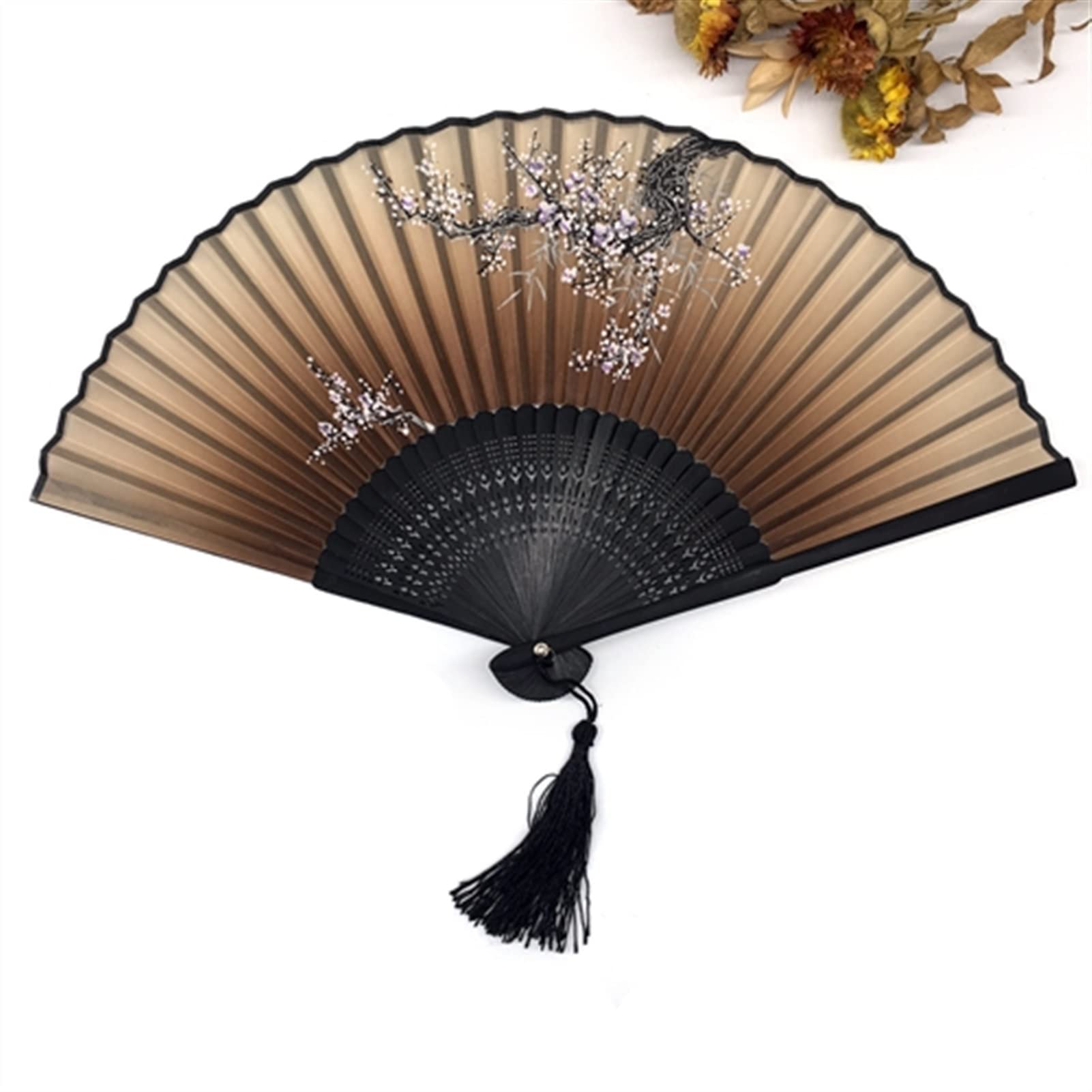 NZPOST 1pcs Vintage Chinese Spun Silk Flower Printing Hand Fan Folding Hollow Carved Hand Fan Event & Party Supplies for Dance,Party Props Decoration (H)