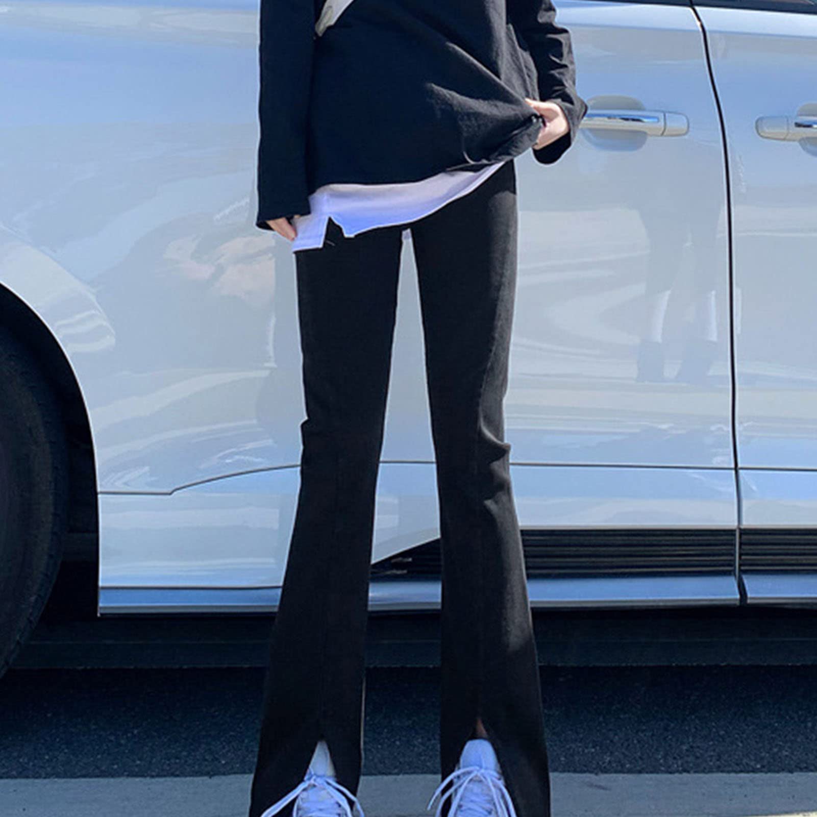 Women Slit Ankle Flare Jeans High Waisted Skinny Bell Bottom Denim Pants Slim Fit Butt Lift Wide Leg Jean Trousers (Black,X-Small)