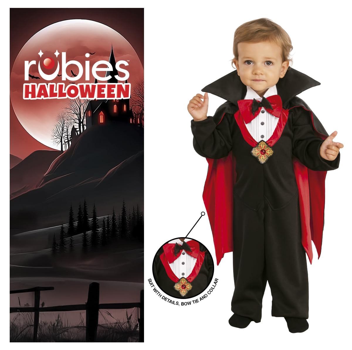 Rubies Costume Dracula per bambini, Abito con papillon rosso e mantello con alza-collo, Costumi halloween bambino, neonato, carnevale e compleanni