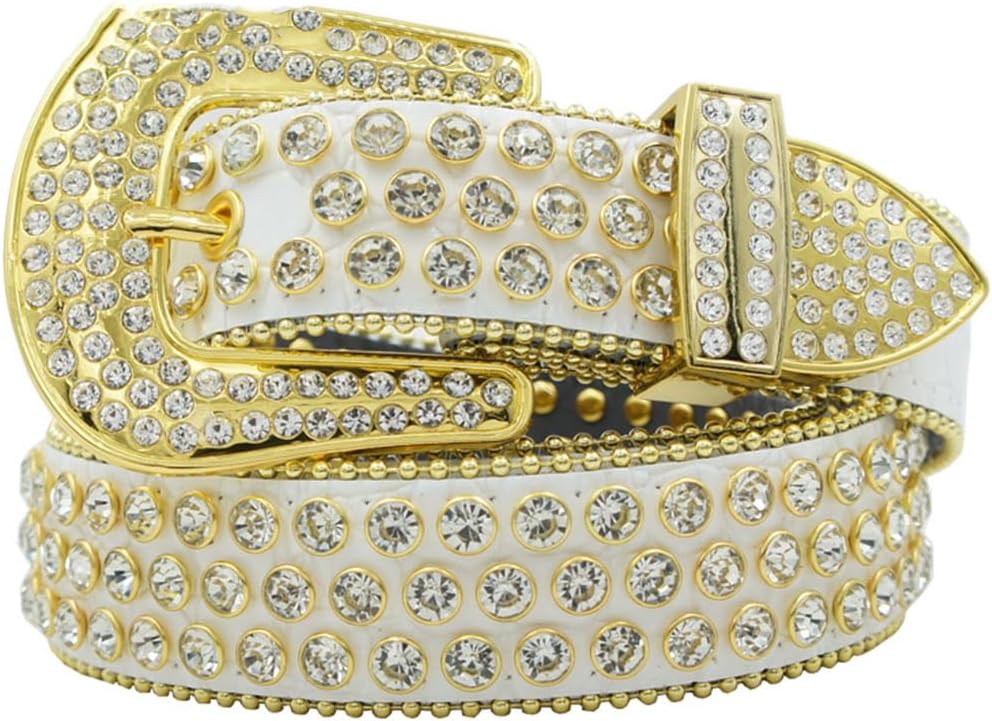 Pulcykp Leather Fashion Rhinestone Western Belt Crystal Studded Belts For Women Men Jean Strap