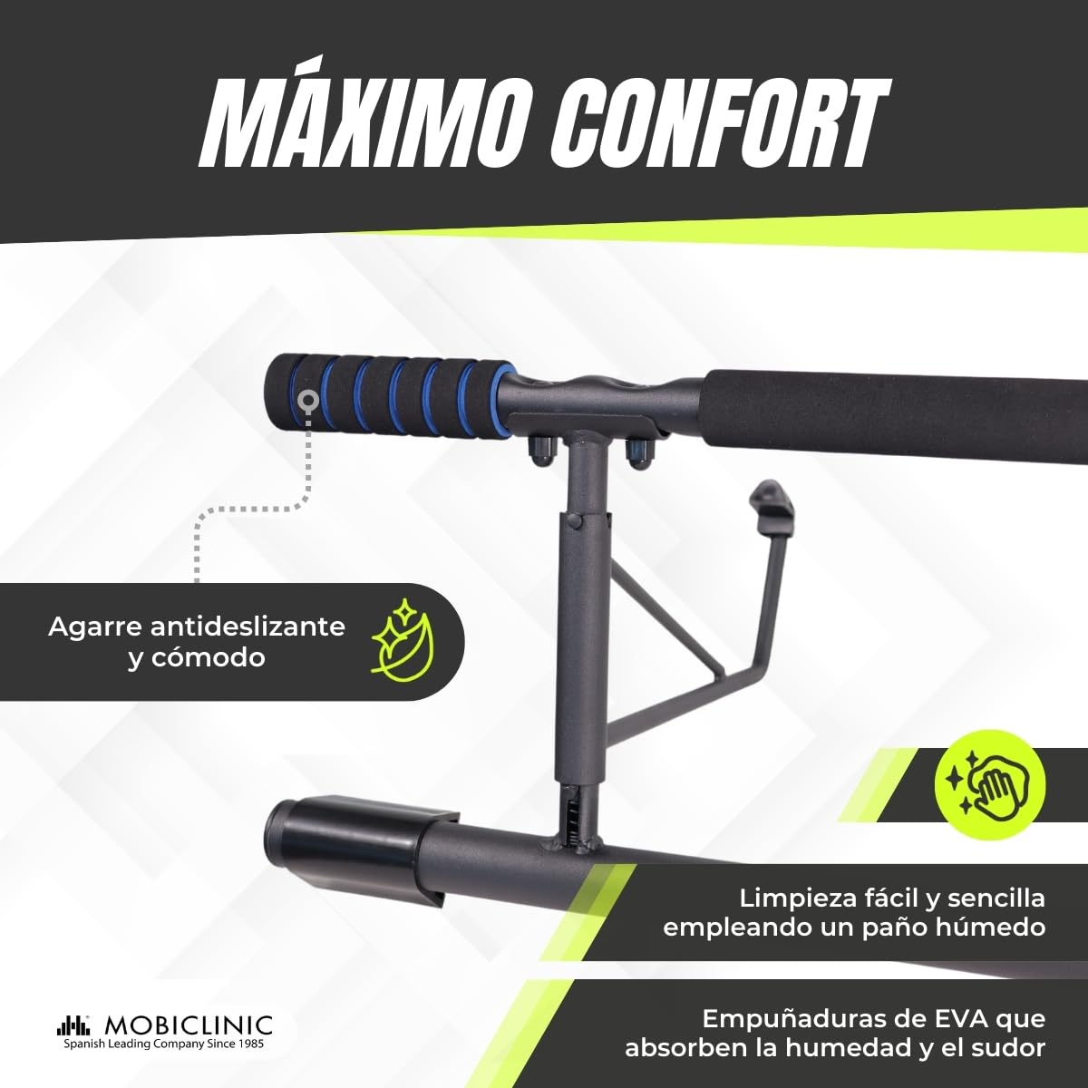 Mobiclinic® fitness, Barra de dominadas para colgar, Sin herramientas, K5, Máx. 200 kg, Con elástico, Asas espuma antideslizante, Acero, Adaptable 70-92 cm, Ejercicio en casa, Fácil almacenaje