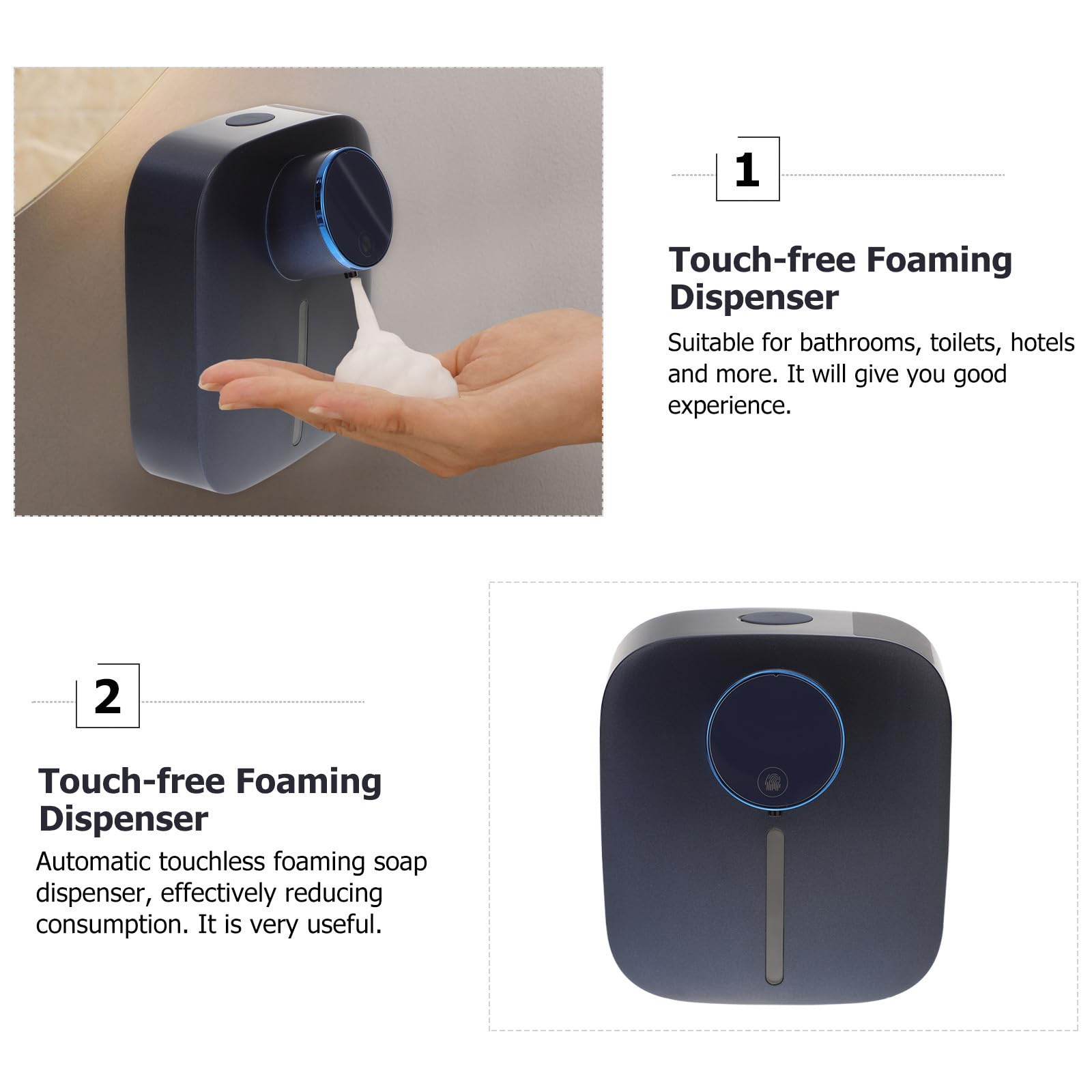 Hemobllo Dispenser Materiale e Automatico Sapone Ricaricabile Parete Sensore Touch-free Capacità 320ml Batteria 1500mah Abs per Bagni Hotel