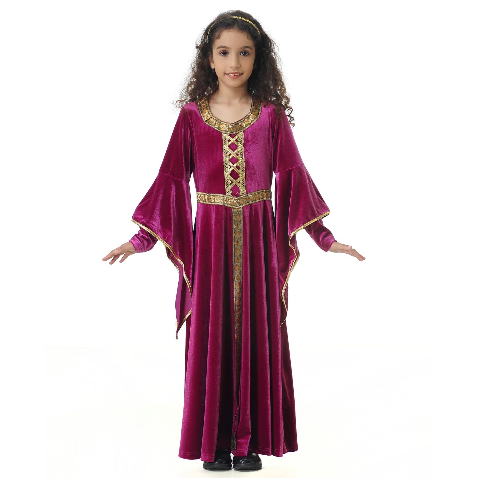 maxToonrain Girls Medieval Princess Costume Renaissance Velvet Dress Kids Royal Fancy Dress Up for Halloween World Book Day (Pink - Image 2