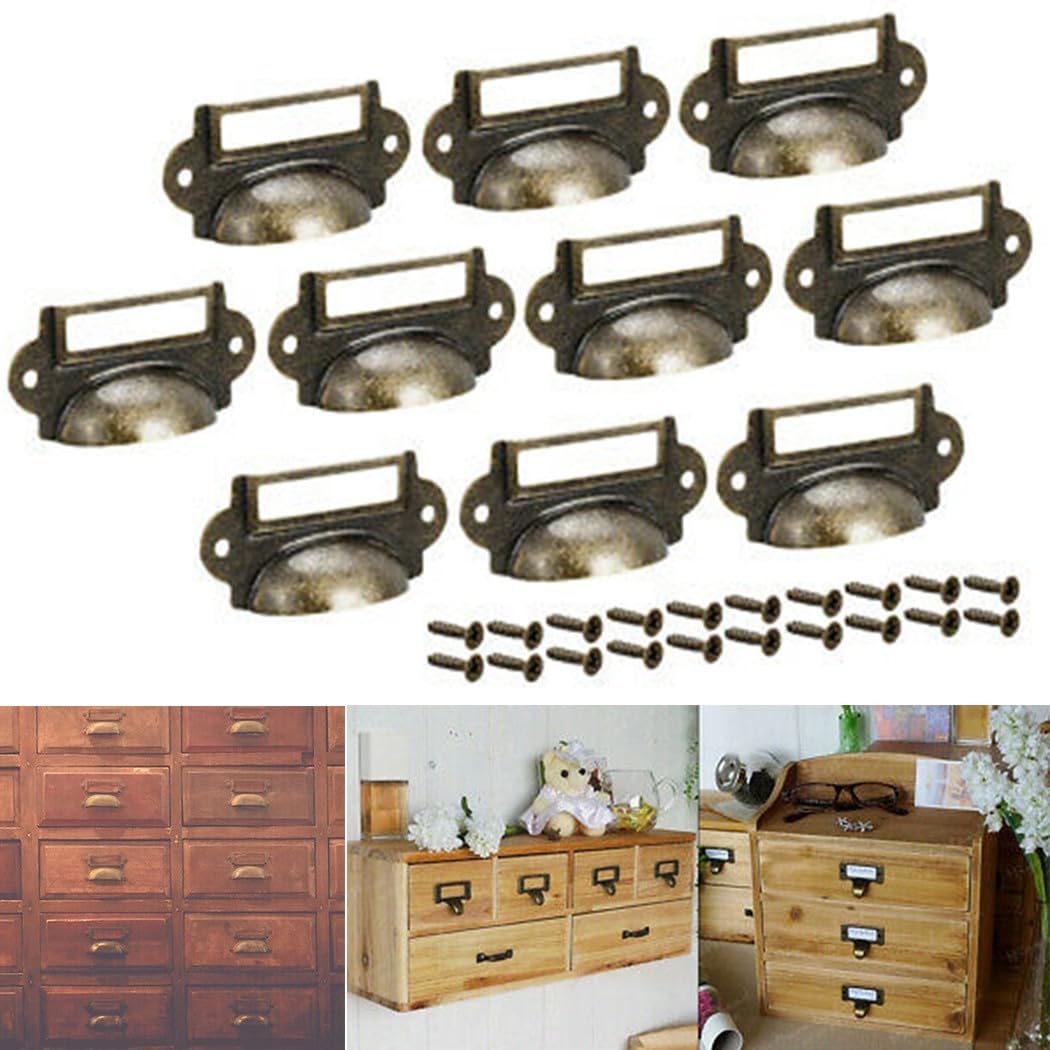 Set of 10 Antique Brass Label Pulls for Cabinets, Drawers, and File Cases with 20 Screws