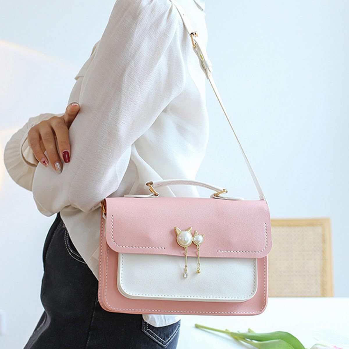 SKISUNO DIY Knitting Crochet Crossbody Bag Kit Large Pink and White Tote Bag Material Set for Handmade Craft Sewing Accessories