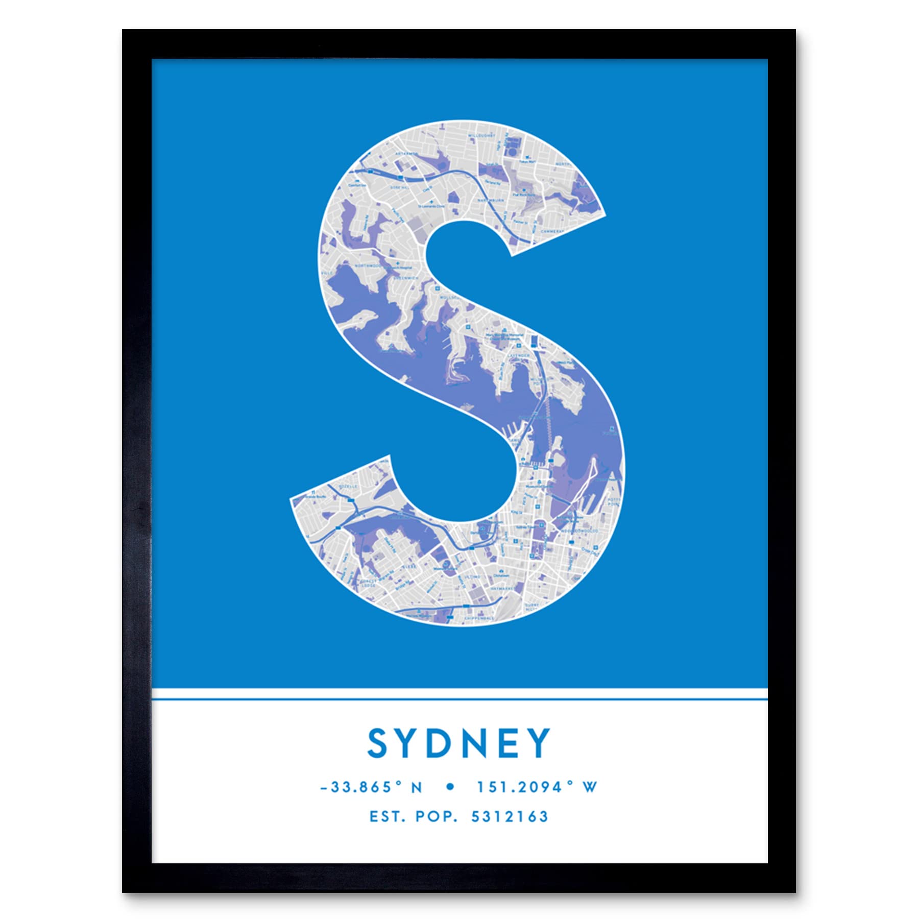 Wee Blue Coo Sydney Australia City Map Blue Colour Block Modern Typography Stylish Letter Framed Word Wall Art Print Poster for Home Décor CITYMAP1