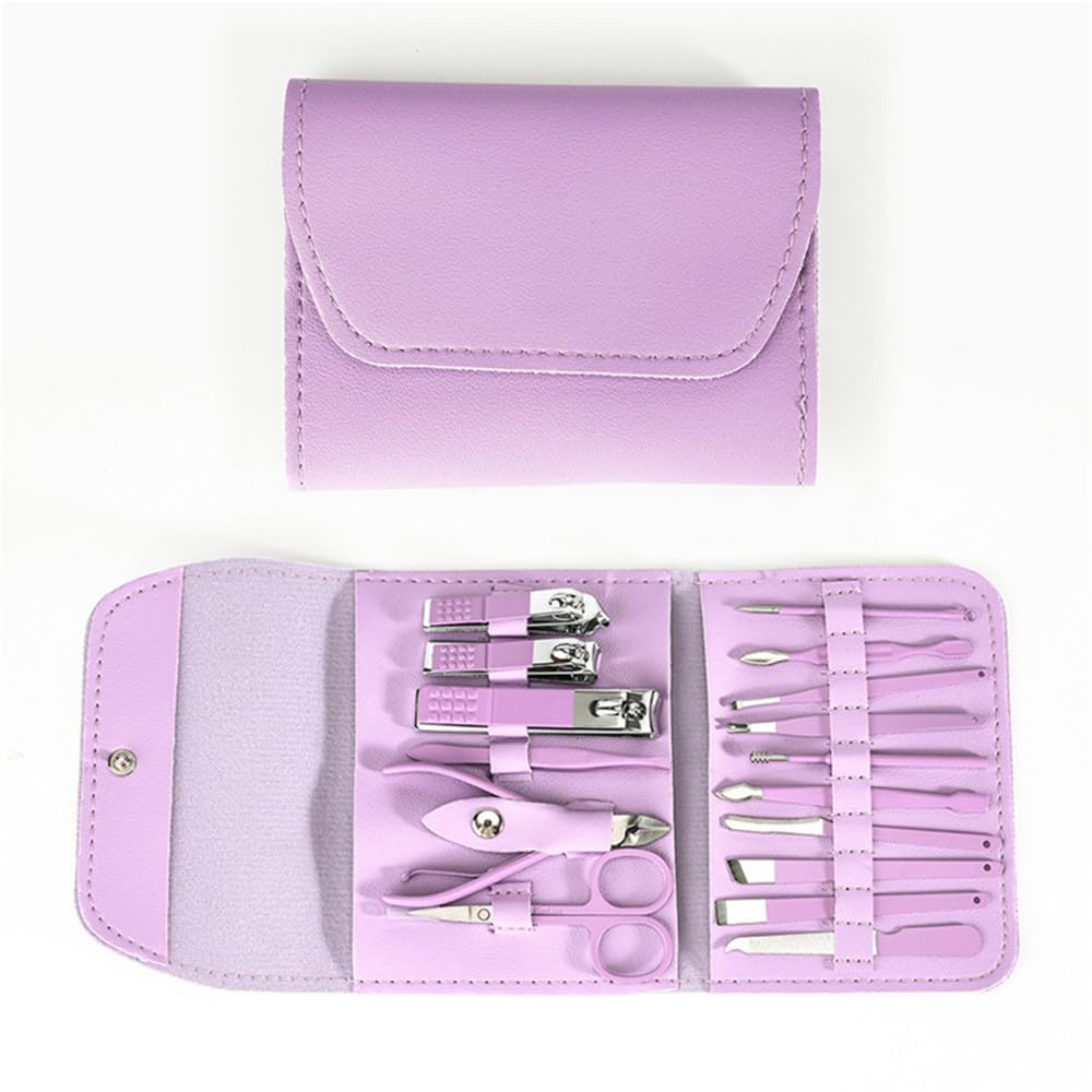 Tagliaunghie per manicure Forbicine per unghie Forbici per pedicure Set di rifiniture portatili con gancio per aquila in acciaio inossidabile, 16 pezzi, viola