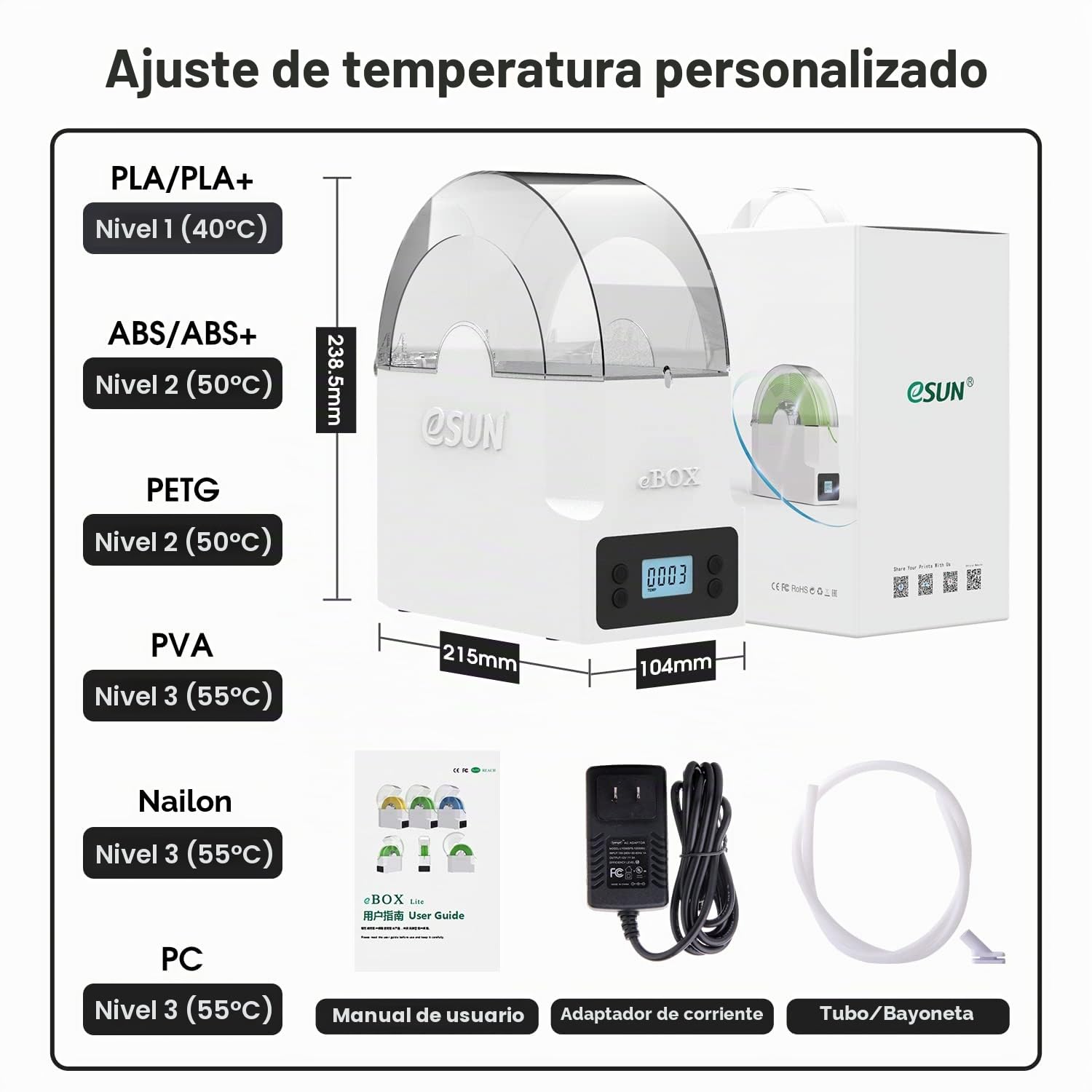 eSUN eBox Lite Actualizado Caja Secadora de Filamento para Impresora 3D, Caja Secado Almacenamiento, Mantener Filamento Seco Durante Impresión 3D, Compatible con Filamento 1.75mm, Soporte de Carrete