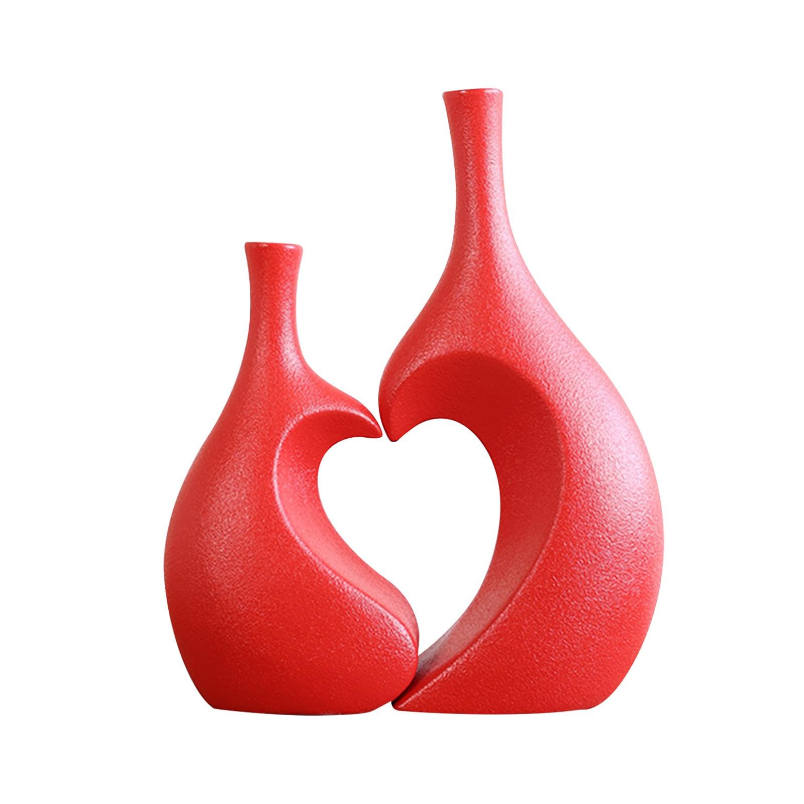 2 Vasi in Ceramica, Vasi Decorativi, Sculture, Portafiori dal Design Moderno a Forma di Cuore E Finitura Opaca per Matrimoni, Regali E Soggiorni, Rosso