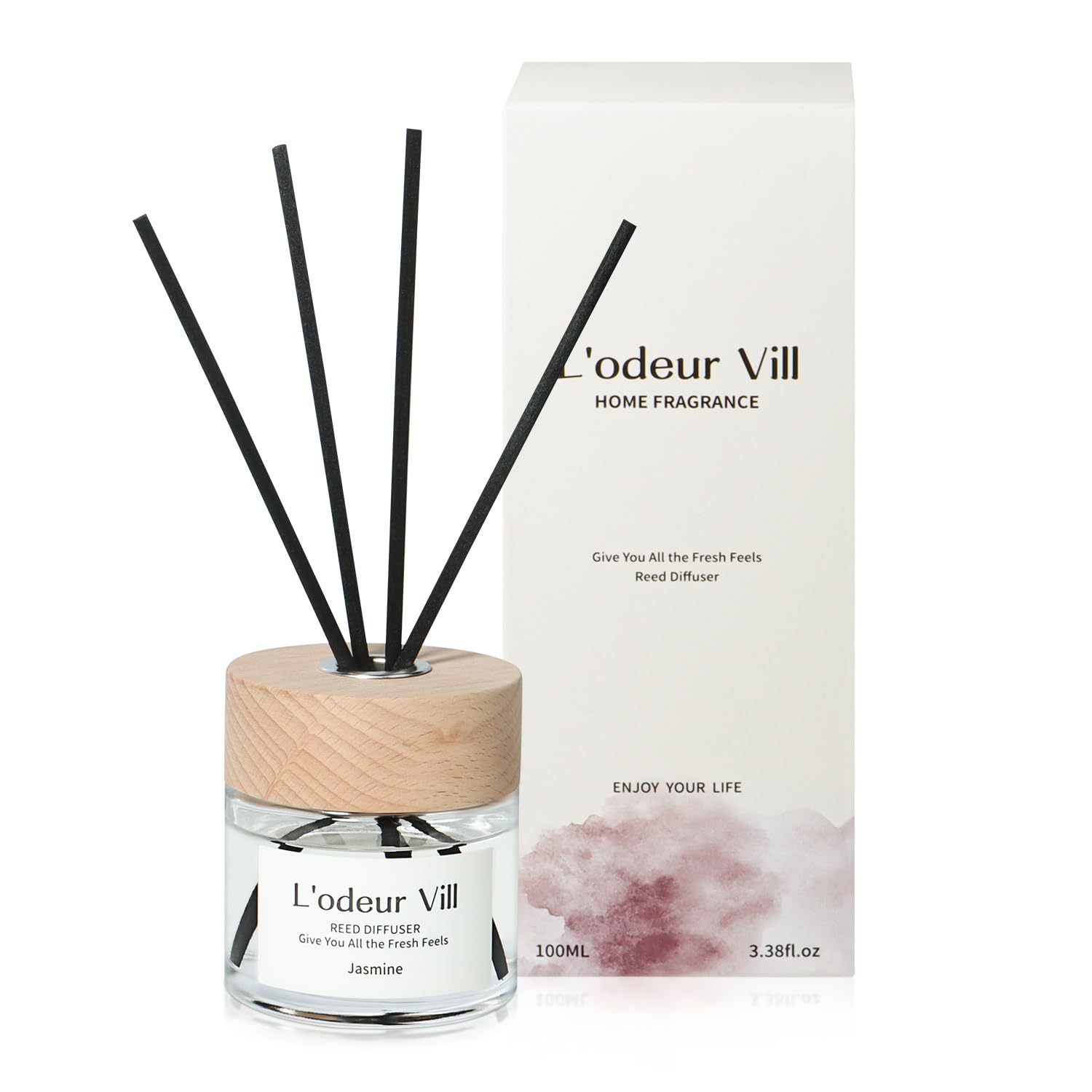 L'odeur Vill 100ml (Jaśmin) Dyfuzor Zapachowy z Patyczkami Trzcinowymi, Zestaw z 6 Patyczkami, Zapach Domowy do Sypialni, Biura, Łazienki