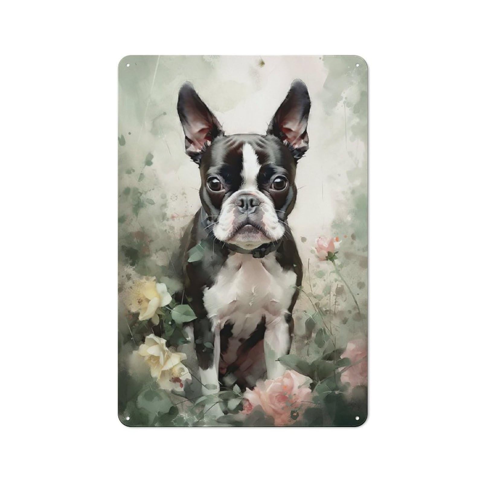 Junmoney Style-14 Boston Terrier Flowers Rustic Tin Sign 30X20cm, Vintage Porch Wall Decor For Conservatory, Home Bar Or Utility Room