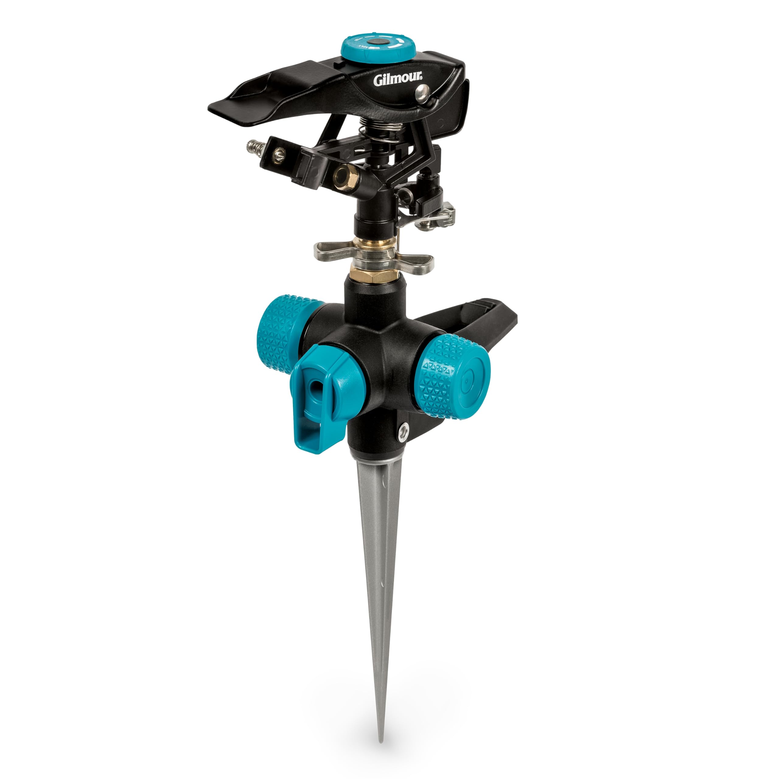 Gilmour 821673-1001 Circular Sprinkler w Base-Adjustable (5,800 sq, Heavy Duty Spike, Black/Aqua