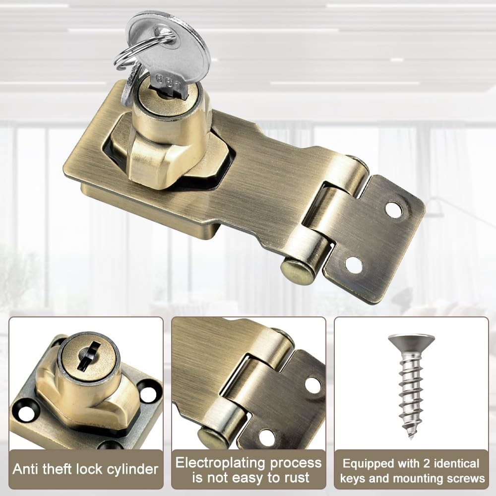 Padlock Latch,Lock for Bedroom Door,2 Pack 2.5 Inch Lock Hasp Metal Door Bolt Latch Buckle with Padlock and Key Twist Knob Keyed Hasp Locks Clasp(Bronze)