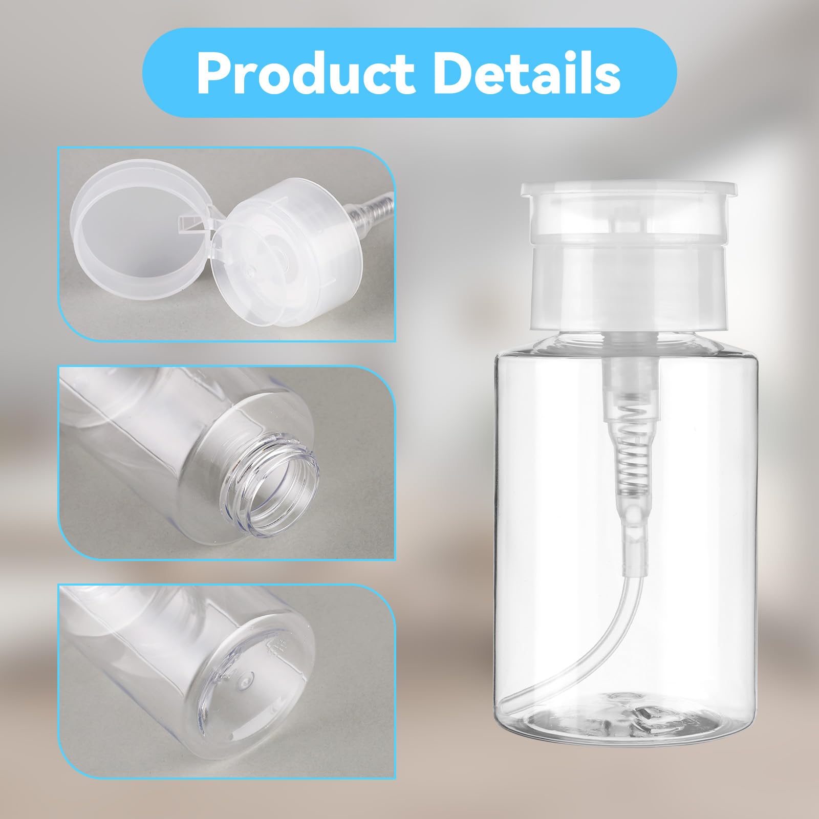 Zmywacz do paznokci w butelce z pompką, 3 sztuki Zmywacz do paznokci bez acetonu 200 ML Przezroczysta plastikowa butelka z pompką z obrotowym pokryciem do płynów do zmywania makijażu