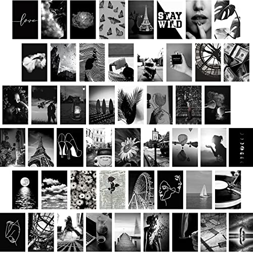 Yasowdkel Black White Aesthetic Wall Collage Kit, Aesthetic collage kit, 50PCS 4x6 Inch Picture Collage Kit for Wall Aesthetic,Black picture wall collage,Dorm Wall Decor, Cute Wall Decor for Teen