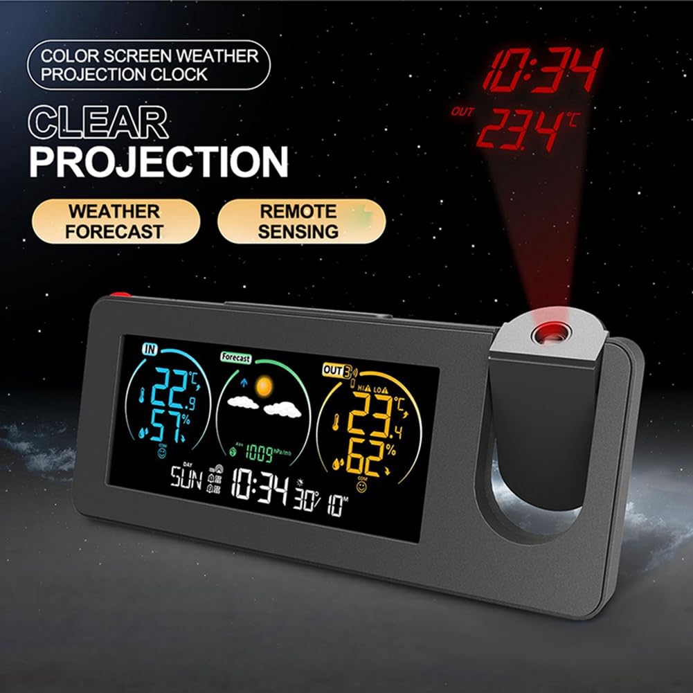 Stazione Meteorologica A Proiezione Elettronica con Termometro per Interno/Esterno, Previsioni del Tempo e umidità e Temperatura Digitali, Lavorazione Accurata e Resistente.