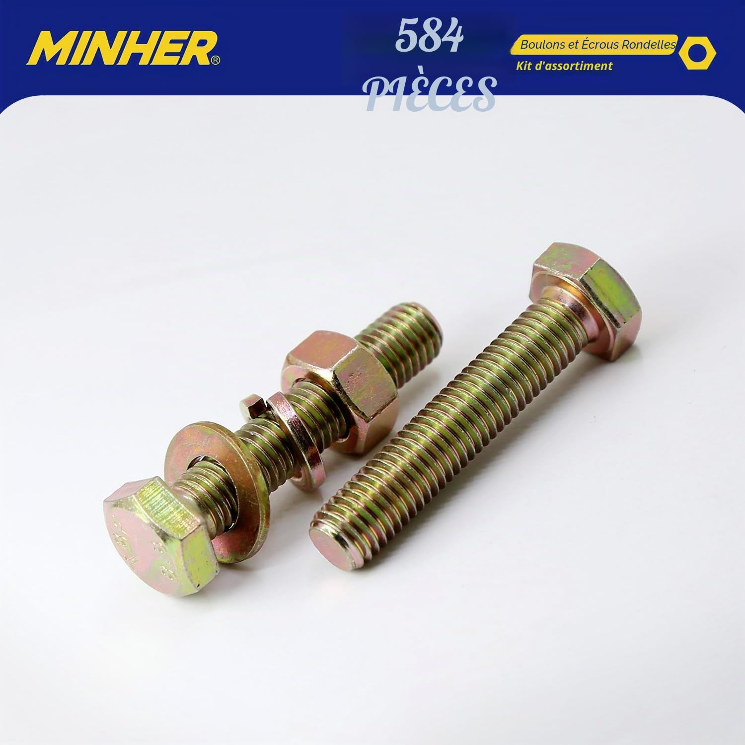 MINHER 584 Pcs M6 M8 M10 Boulons et écrous de Sortilège Rondelles Ensemble 8.8 Acier allié de Coin Extérieur Vis Hexagonale