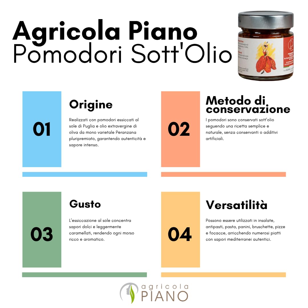 Agricola Piano - Tomates en Aceite | Tomates Secos en Aceite de Oliva Virgen Extra 212 ml – 100% Italianos, Receta Antigua – Producción Artesanal