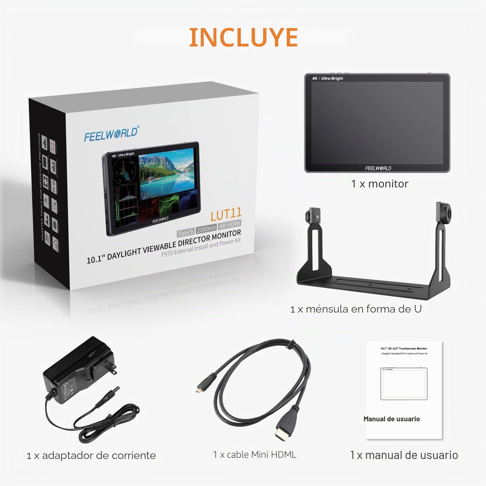 FEELWORLD LUT11H - Monitor DSLR de campo ultrabrillante de 10.1 pulgadas de 2000 nits, con pantalla táctil, forma de onda, LUT F970, kit de instalación y alimentación, salida de entrada HDMI