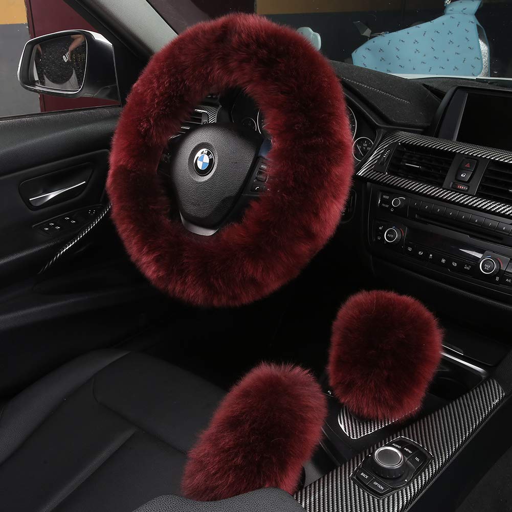 AOGELAN3Pcs Set Fashion Fluffy Fuzzy Wool Fur Soft Car Steering Wheel Cover with Handbrake Cover & Gear Shift Cover for Women/Girls/Ladies Auto Long Wool Accessories