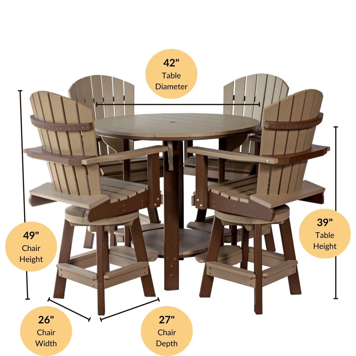 DutchCrafters Recycled Poly Round Balcony Dining Set, Table with 4 Chairs, Bar Height, Swivel Chairs, 5 Piece Patio Furniture Set, Amish Made in USA, Two-Toned Colors (Weatherwood & Brown)