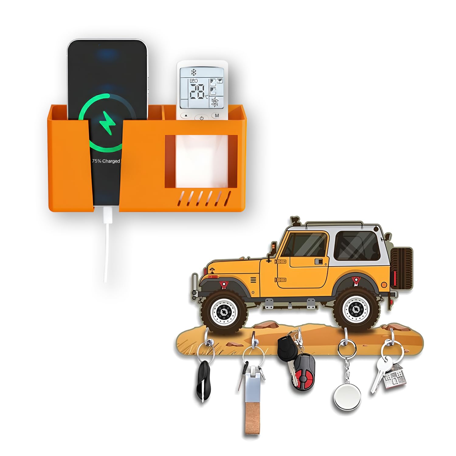 TECHONTO® Wall Mount Phone Holder with Storage Box & Wooden Key Hanger with 5 Hooks Combo-Mobile Charging Stand,AC/TV Remote Organiser, Self Adhesive Wall Mount Ultimate Home/Office Organizer - Orange-image-14