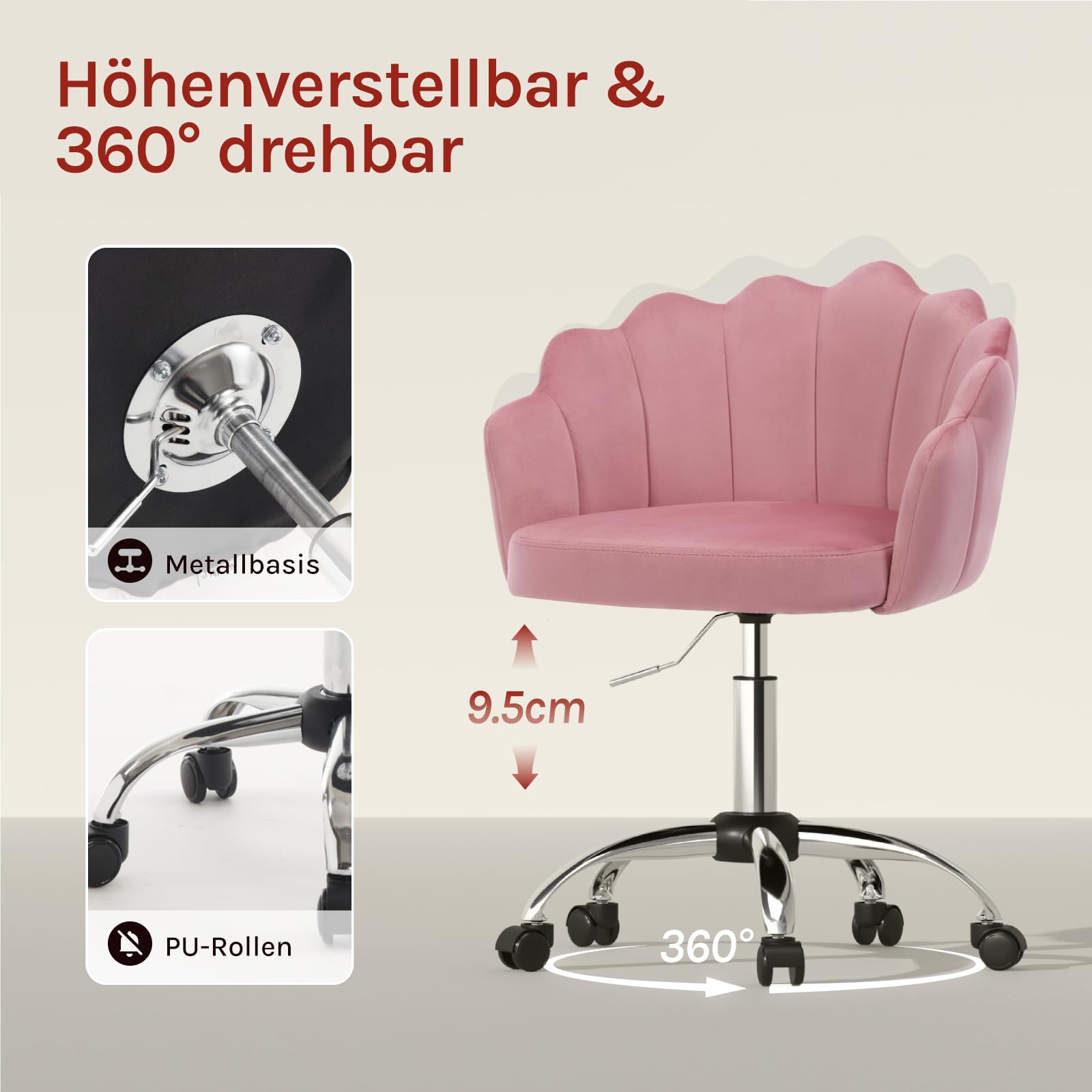 WOLTU Homeoffice Stuhl, Schminktisch Stuhl mit Blütenblatt-Rückenlehne, Drehstuhl mit Rollen, Schreibtischstuhl höhenverstellbar, für Arbeitszimmer, Schlafzimmer, Samt, Rosa