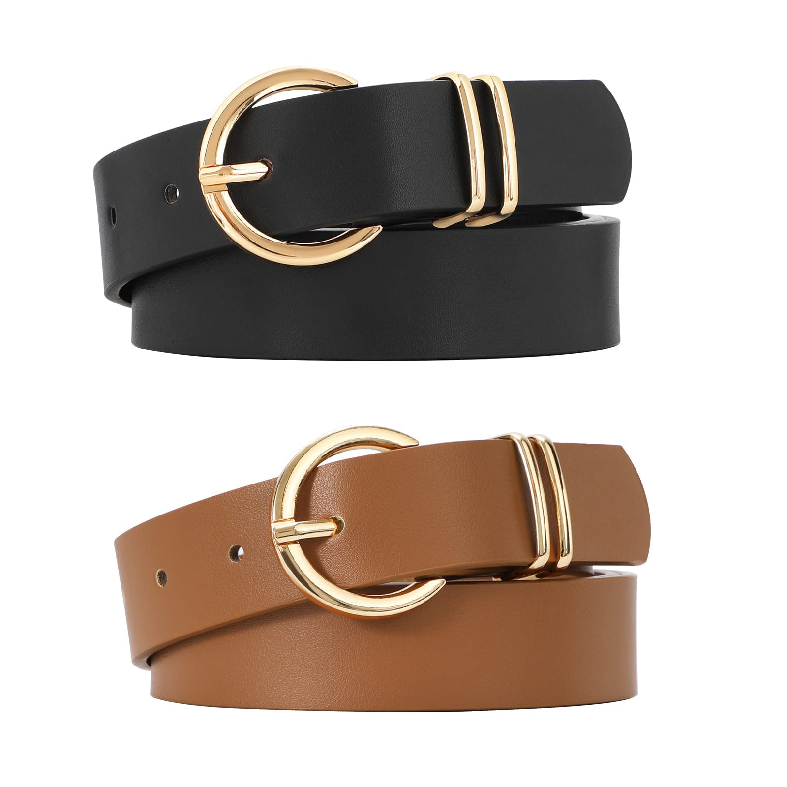 VONMELLI2 Pack Women's Leather Belts for Jeans Dresses Fashion Gold Buckle Ladies Belt