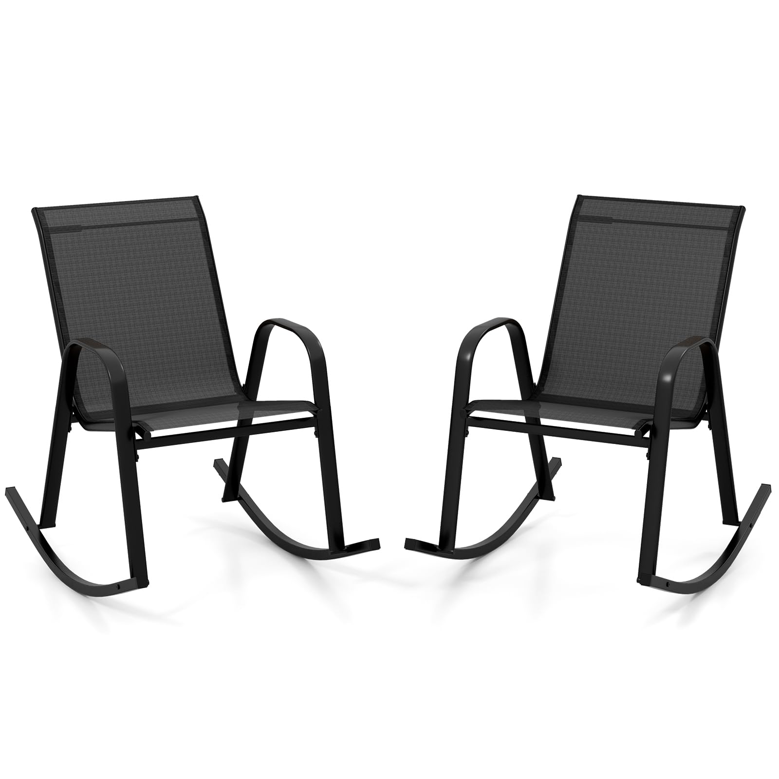 GOPLUS Lot de 2 Fauteuil Jardin Exterieur à Bascule en Textilène, 62 x 91 x 86 CM, Rocking Chair Cadre Métal avec Dossier Incurvé et Accoudoir Ergonomique, Charge de 150 KG, pour Jardin, Balcon (Noir)