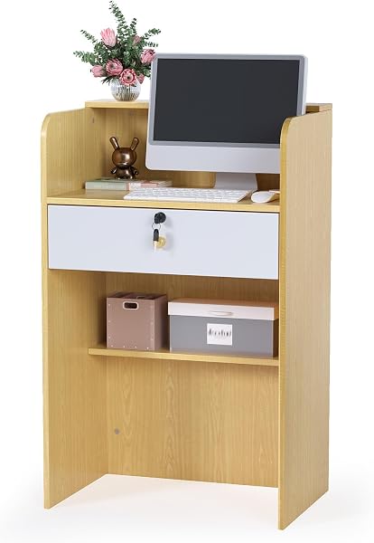 OmySalon Reception Desk with Counter, Small Front Desk w/Lockable Drawer, Wooden Modern Reception Table for Salon Lobby