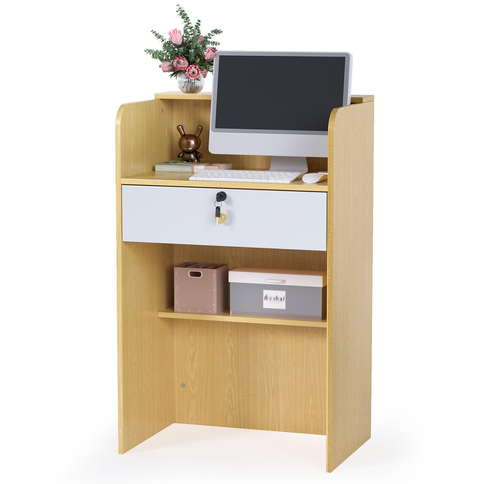 OmySalon Reception Desk with Counter, Small Front Checkout Desk w/Lockable Drawer, Wooden Modern Reception Table for Salon Lobby Office Home (Original