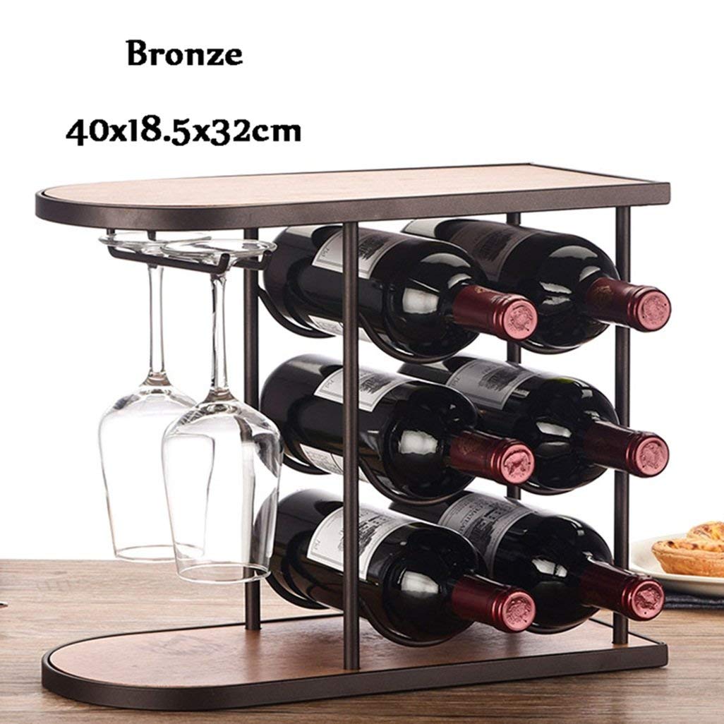 Estante de metal para 6 botellas y 2 vasos, soporte para vino de mesa con organizador de almacenamiento para exhibición de encimera
