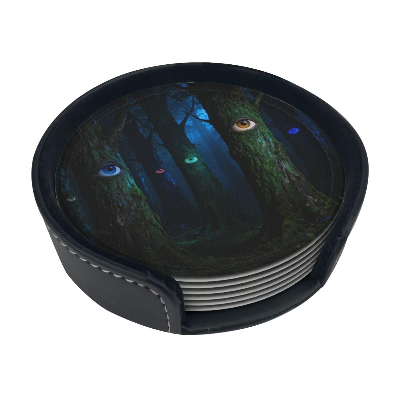 Eyes with trees Leather Coasters-Set of 6 with Storage Holder