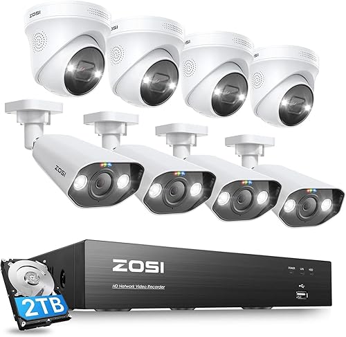 ZOSI Sistema de cámara de seguridad PoE con foco 4K 8CH, 8 cámaras IP 4K para exteriores, visión nocturna a color, detección de vehículos