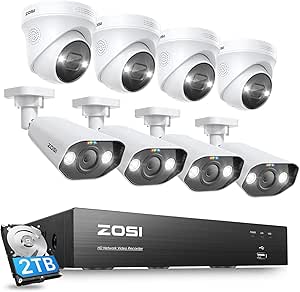 ZOSI 4K 8CH Spotlight PoE Security Camera System,8pcs 4K Outdoor IP Cameras,Color Night Vision,Person Vehicle Detection,2 Way Audio,8Channel 8MP NVR Recorder with 2TB HDD for Home 24/7 Recording asin的图片