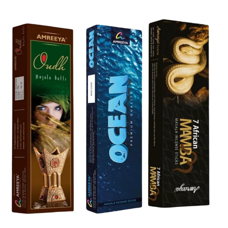 Amreeya Oudh & Ocean & 7 African Natural Incense Sticks Combo Pack || Long-Lasting, Rich Fragrance for Meditation and Rituals || Natural Incense Sticks || 50 Gram Each