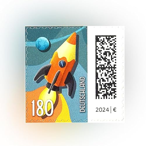 Albellion 100 Stück 1,80 EUR 1,8 EUR 180 Cent postfrische Selbstklebende Briefmarken in Briefmarken-Box 100-er Rolle | Frankaturware Markenset (Motiv: Raketenpost)