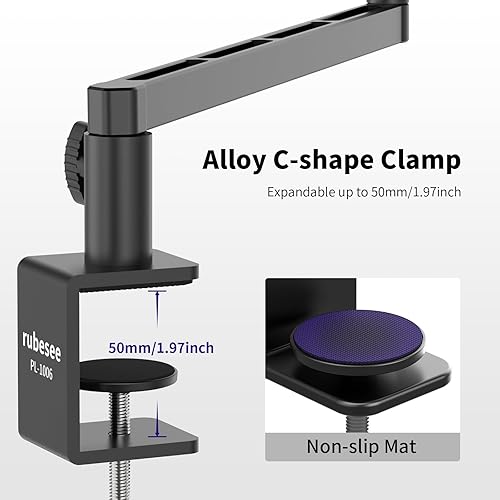 Miniatura 7 de Brazo de micrófono de perfil bajo, brazo de micrófono ajustable rubesee con abrazadera de montaje de escritorioadaptador de tornilloclip de
