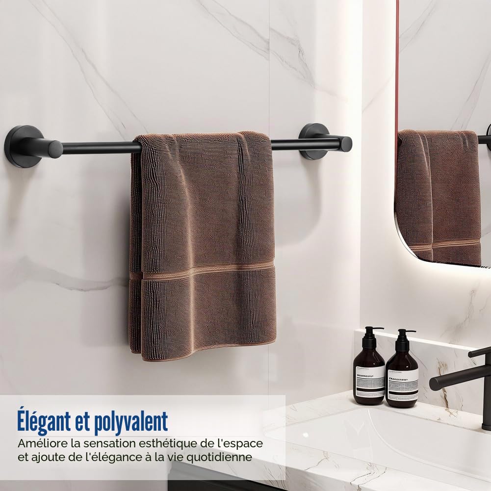 B39812K-50 Porte-serviettes mural rond pour salle de bain, cuisine ou chambre à coucher Noir mat 50 cm