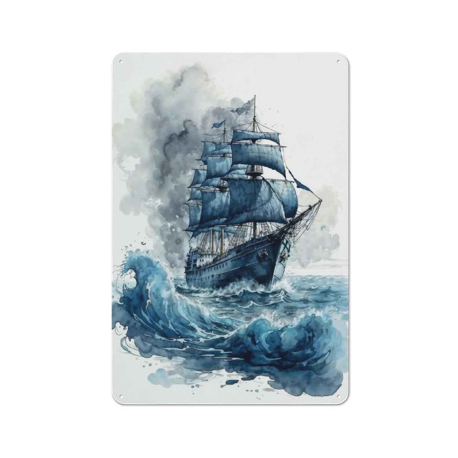 Junmoney Watercolored Sailing Ship Rustic Metal Sign 30X20cm For Café Or Restaurant, Suited To Café Owners And Decorators