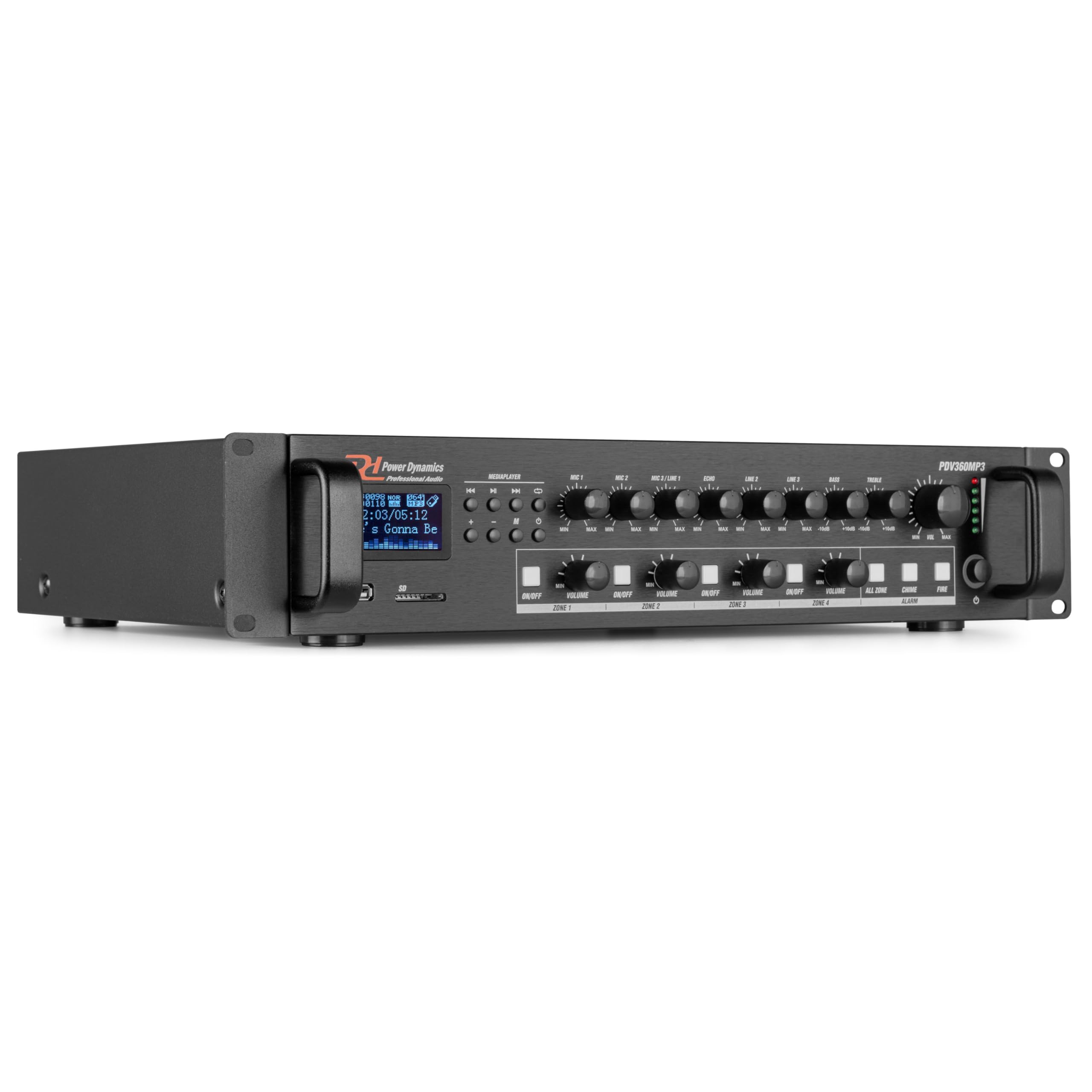Power Dynamics BHW50BK + PDV360MP3 – Pack de 12 Altavoces Pared 5.25” 100V IPX5 con Amplificador 360W 4 Zonas Bluetooth USB SD FM y Cable 100m Sistema megafonia Profesional, Color Negro