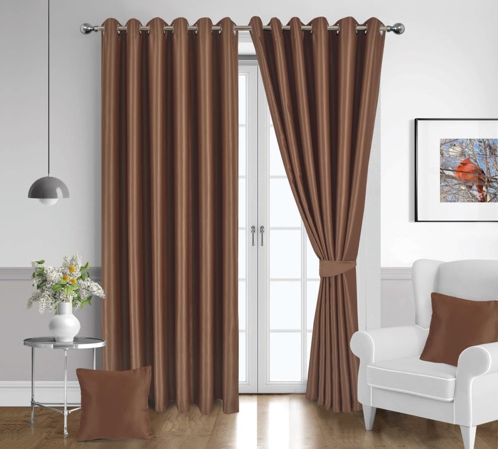 London Dream Eyelet Blackout Curtains For Bedroom Including 2 Cushion Covers, 2 Brackets & Tiebacks, Thermal Insulated Ring Top Window Treatments Curtain Pairs For Living Room (90 X 90 Inches, Brown)