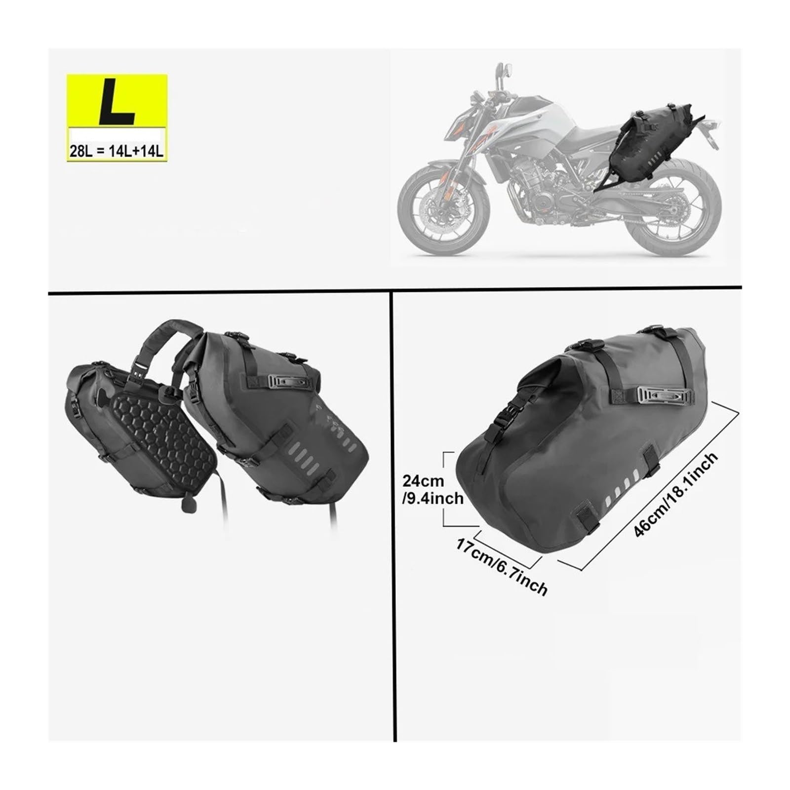 Universelle Passform Motorrad Gepäcktasche Sattel Seitentaschen 100% Wasserdicht 18L/28L/48L Großes Fassungsvermögen 2 Stück Motorrad Hecktasche(Black-28L(14L-2 pcs))