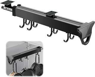 Hanging Pot Rack, Pull Out Organizer Extends to 24", 8-Hook Sliding Rail Rack, Adjustable Pot Racks, Aluminum Alloy Pull Out Pot Rack, Pan Organizers Inside Cabinet used for Kitchen/Closet
