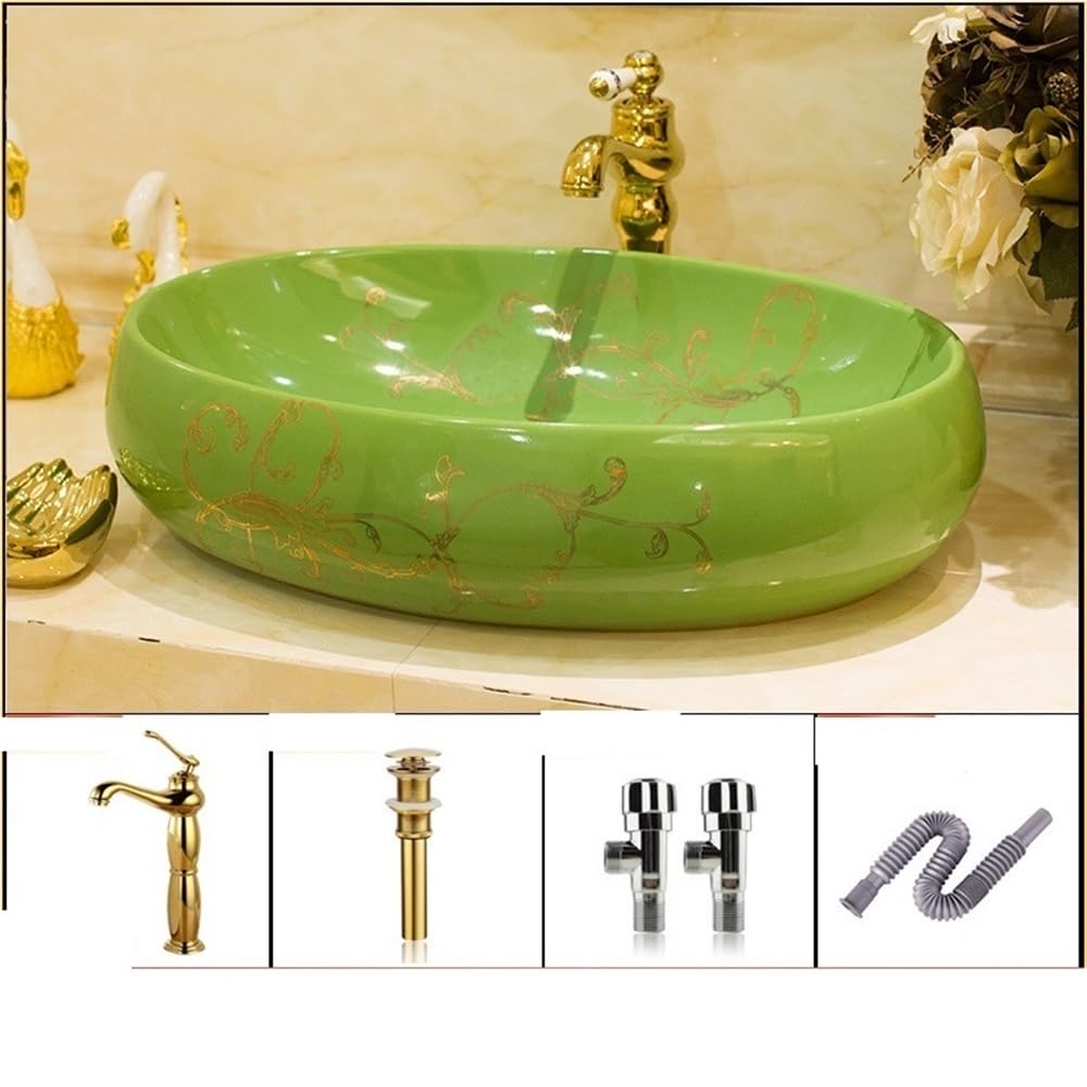 Zlewozmywak naczyniowy Ceramiczna umywalka łazienkowa nablatowa, artystyczna owalna(Green)