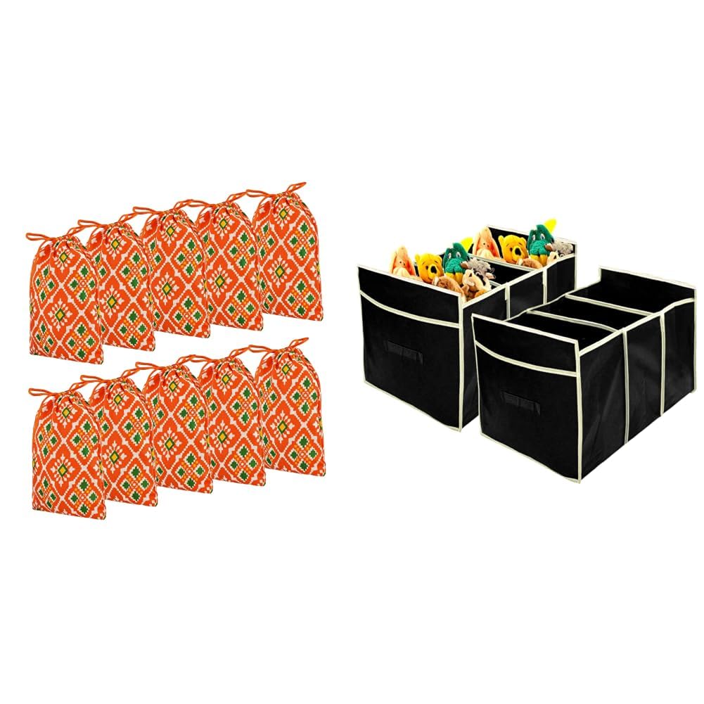 Potli | Silk Wedding Potli | Drawstring Closure Potli | Wallet Potli | Christmas Gift + Collapsible Portable Heavy Duty Cargo Trunk Organizer with 3 Compartments (Black)-image-44