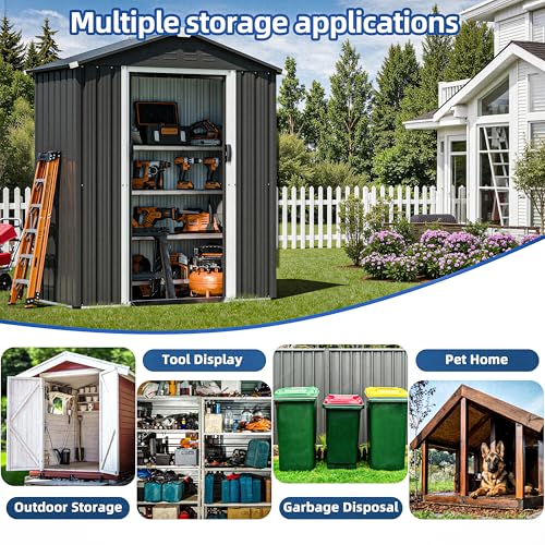 Image of JY QAQA 5x3 FT Metal Outdoor Garden Storage Shed,Waterproof Metal Garden Sheds with Window and Lockable Double Door,Weather Resistant Steel Tool Storage House Shed forPatio,Lawn (Gray)