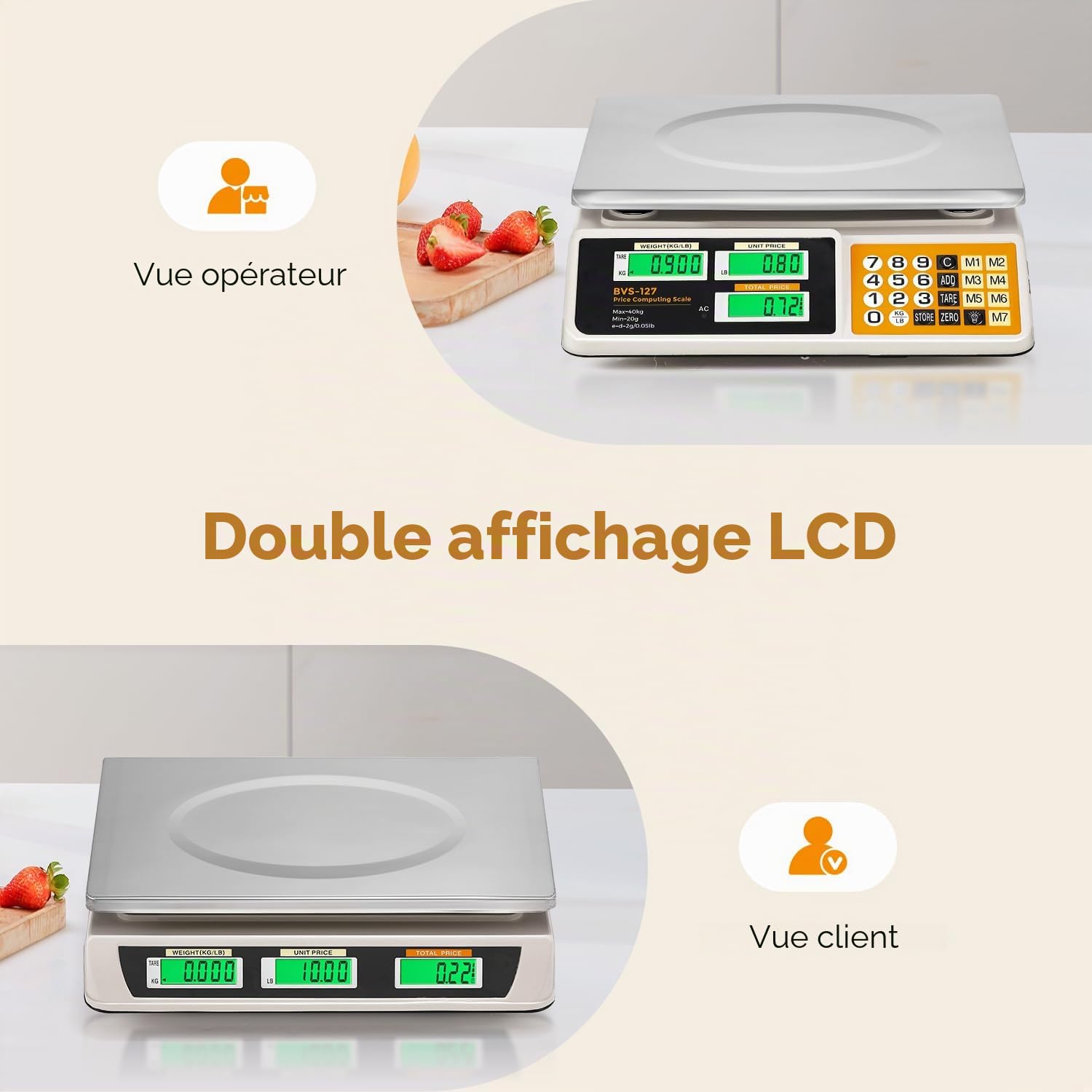 Bonvoisin Balance de Cuisine Professionnelle 40kg/2g, Balance Numérique avec 7 Mémoires PLU, Double Affichage LCD, Tara, Rechargeable, 37cmx27cm Plateau Acier Inoxydable pour Restaurant et Boucherie