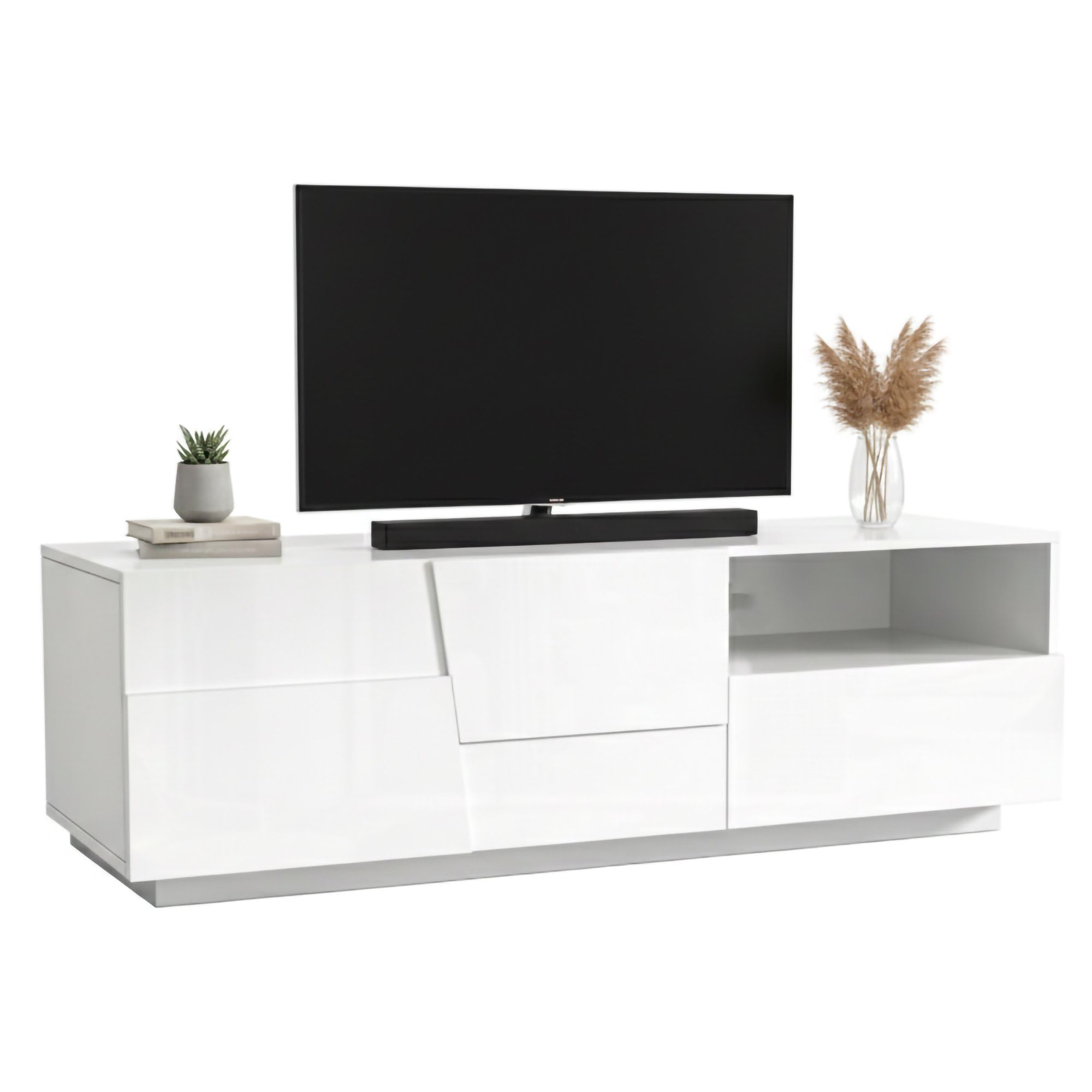 Dmora - Mobile porta TV Velio, Credenza bassa da soggiorno con 2 ante e 1 cassetto, Base porta TV, 150x44h46 cm, Bianco lucido